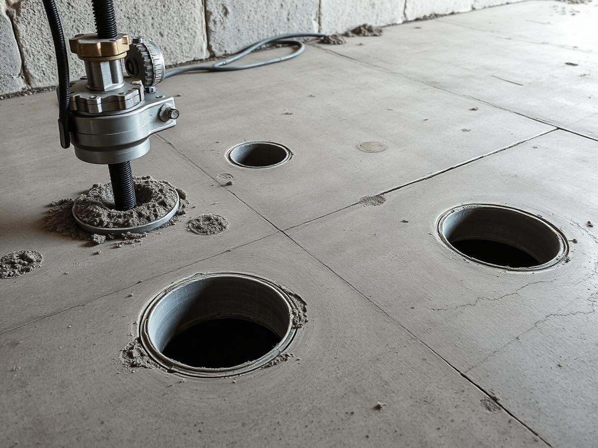 Ronde kernboringen in een betonvloer voor leidingdoorvoeren